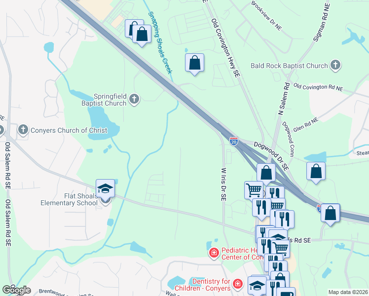 map of restaurants, bars, coffee shops, grocery stores, and more near 2114 Teri Lane Southeast in Conyers