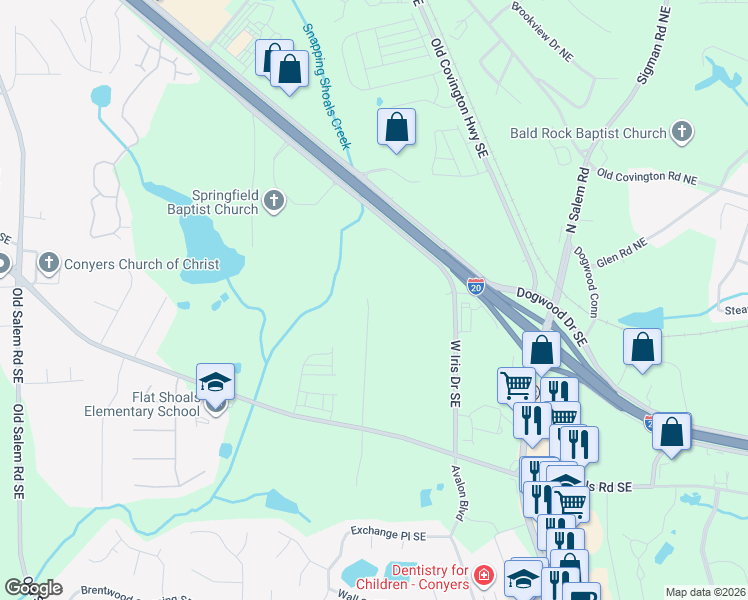 map of restaurants, bars, coffee shops, grocery stores, and more near 2114 Teri Lane Southeast in Conyers
