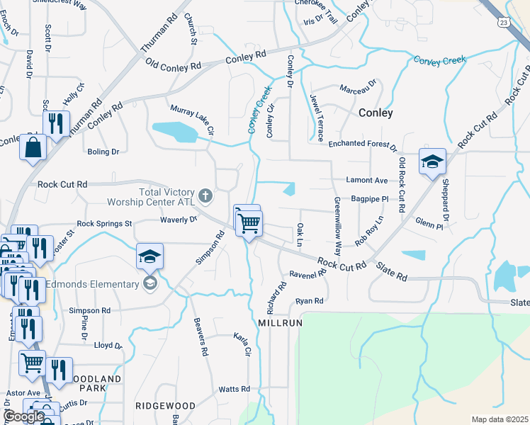 map of restaurants, bars, coffee shops, grocery stores, and more near 1453 California Avenue in Conley