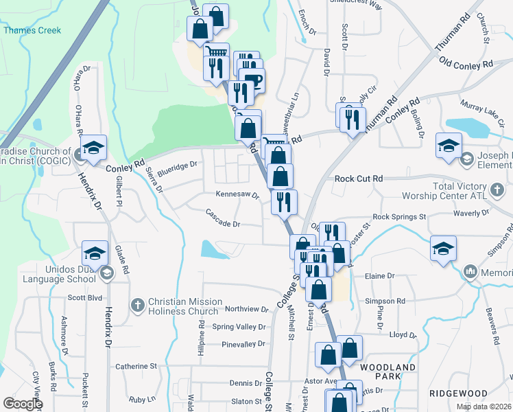 map of restaurants, bars, coffee shops, grocery stores, and more near 885 Kennesaw Drive in Forest Park