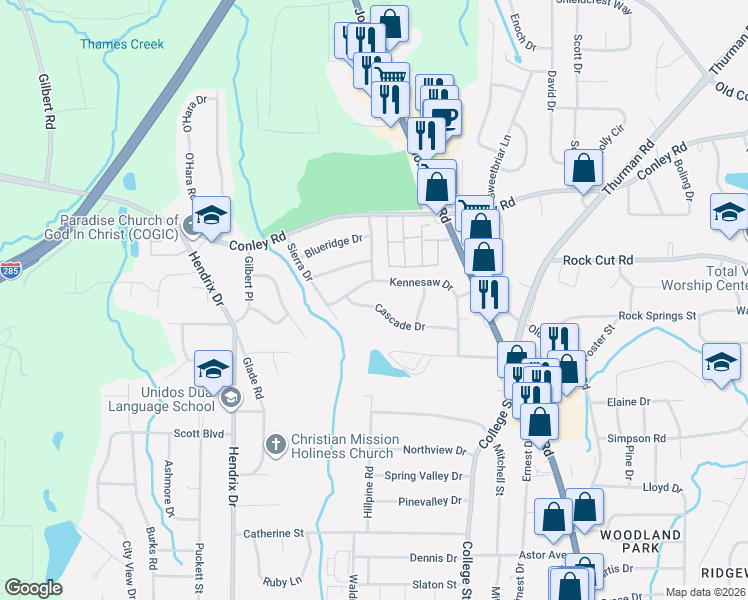 map of restaurants, bars, coffee shops, grocery stores, and more near 771 Kennesaw Drive in Forest Park