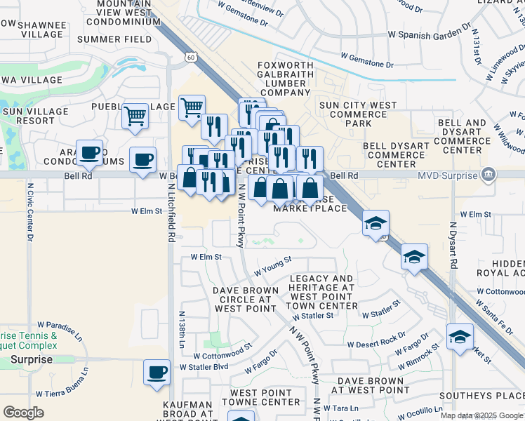 map of restaurants, bars, coffee shops, grocery stores, and more near 13731 West Bell Road in Surprise
