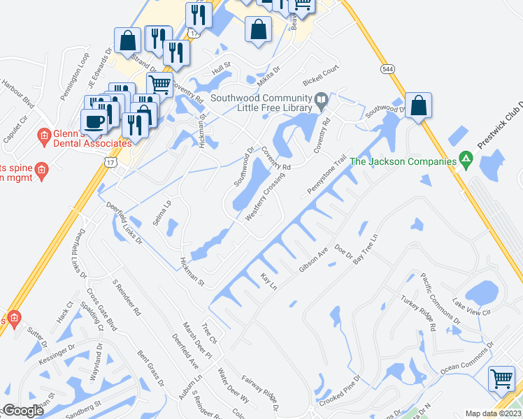 map of restaurants, bars, coffee shops, grocery stores, and more near 1488 Westferry Crossing in Myrtle Beach