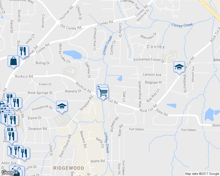 map of restaurants, bars, coffee shops, grocery stores, and more near 1453 California Avenue in Conley