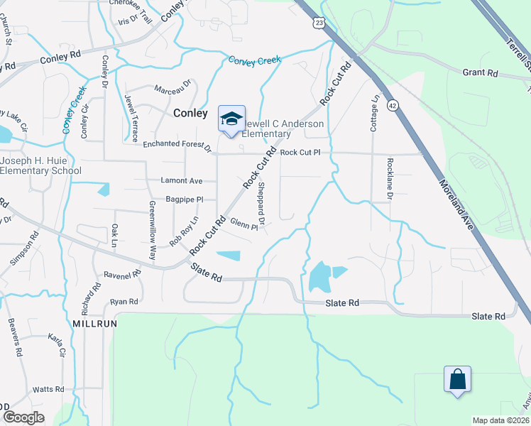 map of restaurants, bars, coffee shops, grocery stores, and more near 4282 Sheppard Drive in Conley