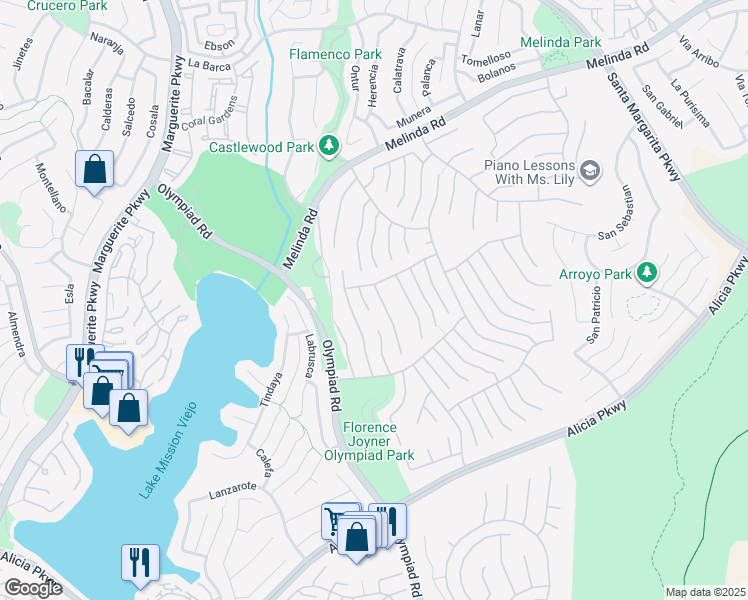 map of restaurants, bars, coffee shops, grocery stores, and more near 22382 Bayberry in Mission Viejo