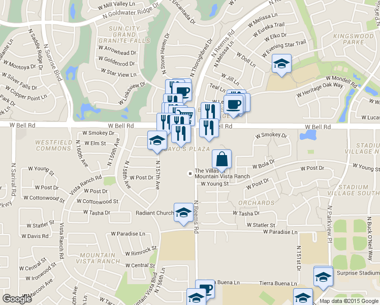 map of restaurants, bars, coffee shops, grocery stores, and more near 16640 North Reems Road in Surprise