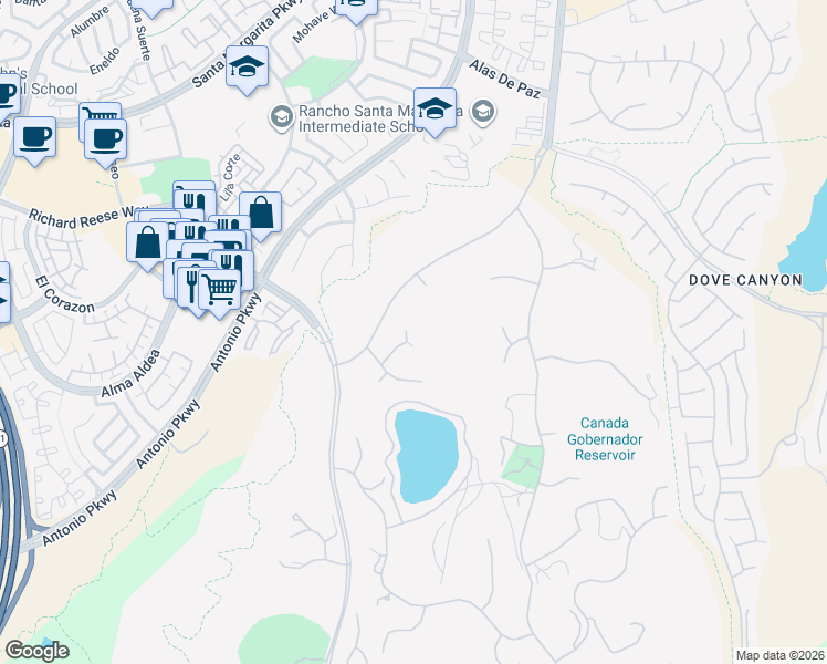 map of restaurants, bars, coffee shops, grocery stores, and more near 8 Joliet Drive in Coto de Caza