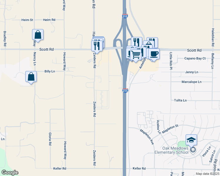 map of restaurants, bars, coffee shops, grocery stores, and more near 33340 Bailey Park Boulevard in Menifee