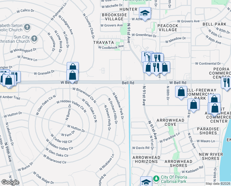 map of restaurants, bars, coffee shops, grocery stores, and more near 16872 North Pine Valley Drive in Sun City