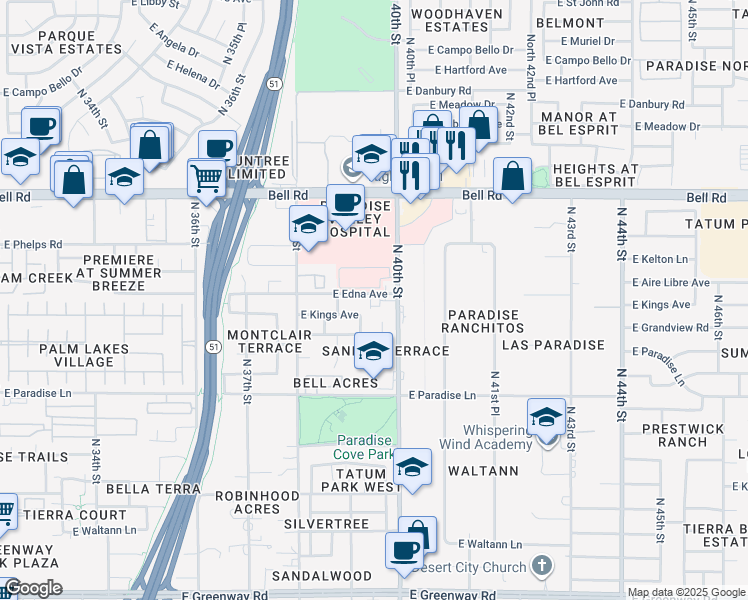 map of restaurants, bars, coffee shops, grocery stores, and more near 16620 North 40th Street in Phoenix