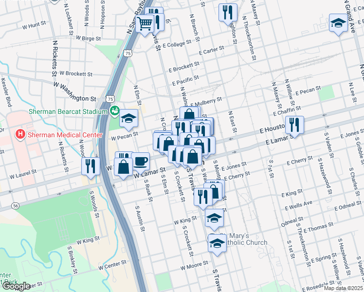 map of restaurants, bars, coffee shops, grocery stores, and more near 125 North Travis Street in Sherman