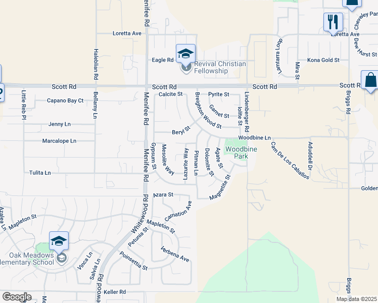 map of restaurants, bars, coffee shops, grocery stores, and more near 33314 Lazurite Way in Menifee