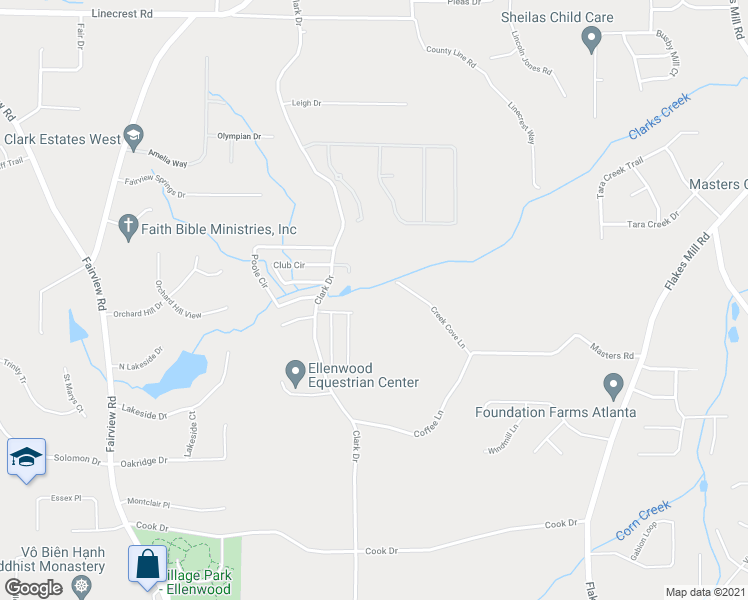 map of restaurants, bars, coffee shops, grocery stores, and more near 112 Creek Cove Ln in Ellenwood