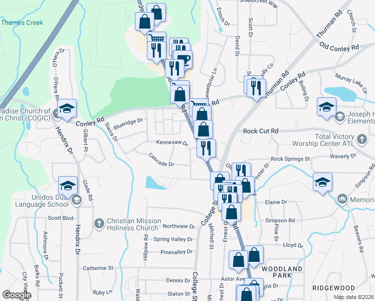 map of restaurants, bars, coffee shops, grocery stores, and more near 885 Kennesaw Drive in Forest Park