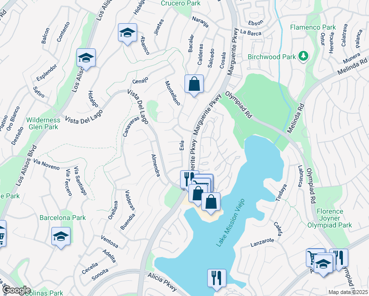 map of restaurants, bars, coffee shops, grocery stores, and more near 27662 Esla in Mission Viejo