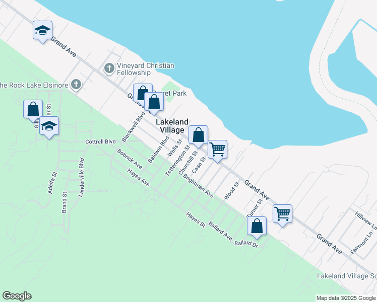 map of restaurants, bars, coffee shops, grocery stores, and more near 17731 Grand Avenue in Lake Elsinore