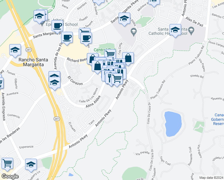 map of restaurants, bars, coffee shops, grocery stores, and more near 22451 Antonio Parkway in Rancho Santa Margarita