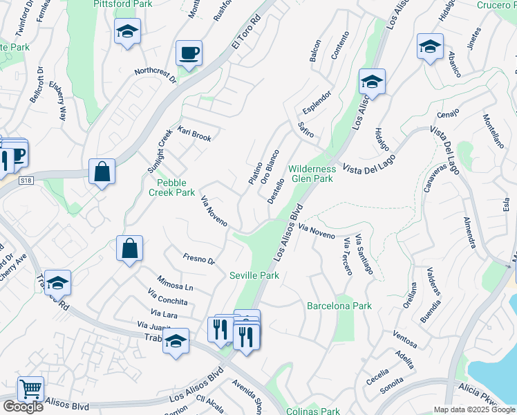 map of restaurants, bars, coffee shops, grocery stores, and more near 22436 Atomo in Mission Viejo
