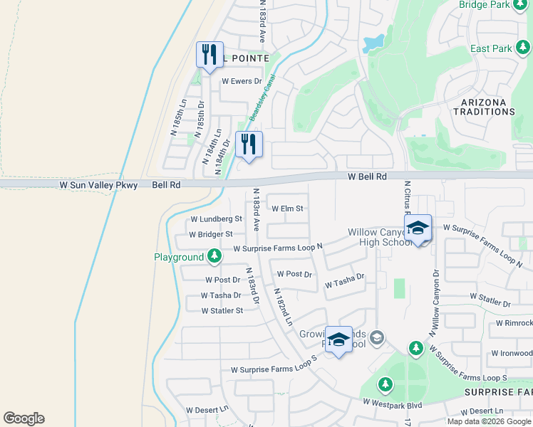 map of restaurants, bars, coffee shops, grocery stores, and more near 18249 West Smokey Drive in Surprise