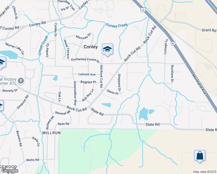 map of restaurants, bars, coffee shops, grocery stores, and more near 1713 Rock Cut Road in Conley