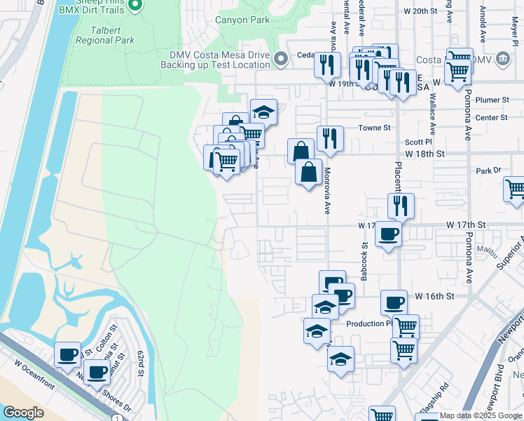 map of restaurants, bars, coffee shops, grocery stores, and more near 1720 Whittier Avenue in Costa Mesa