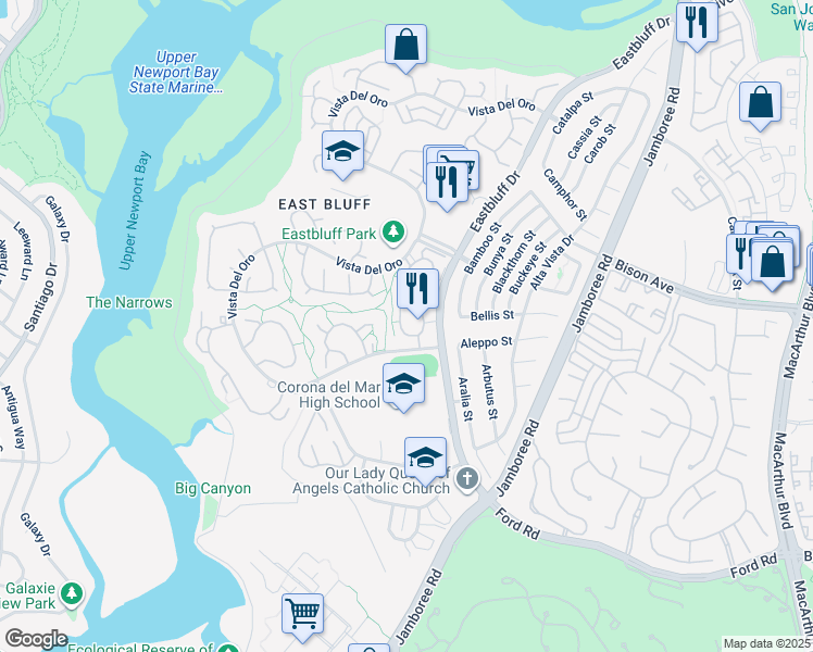 map of restaurants, bars, coffee shops, grocery stores, and more near 619 Hilvanar in Newport Beach