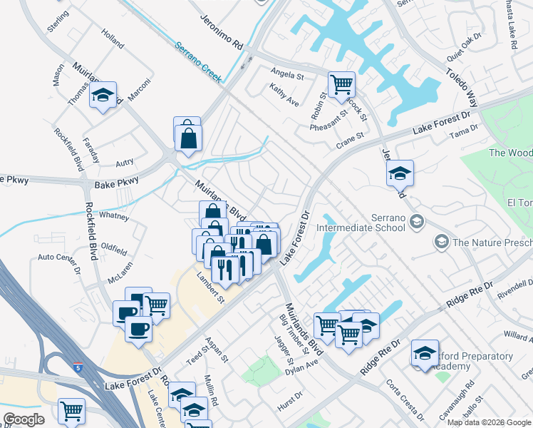 map of restaurants, bars, coffee shops, grocery stores, and more near 24001 Muirlands Boulevard in Lake Forest