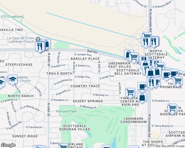 map of restaurants, bars, coffee shops, grocery stores, and more near 6728 East Aire Libre Lane in Scottsdale