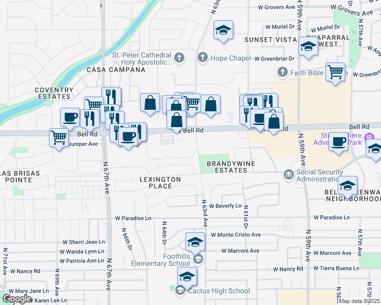 map of restaurants, bars, coffee shops, grocery stores, and more near 6451 West Bell Road in Glendale