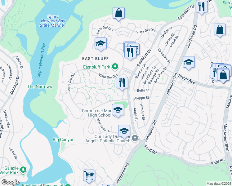 map of restaurants, bars, coffee shops, grocery stores, and more near 619 Hilvanar in Newport Beach