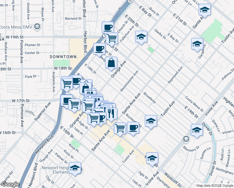 map of restaurants, bars, coffee shops, grocery stores, and more near 1789 Rogers Place in Costa Mesa