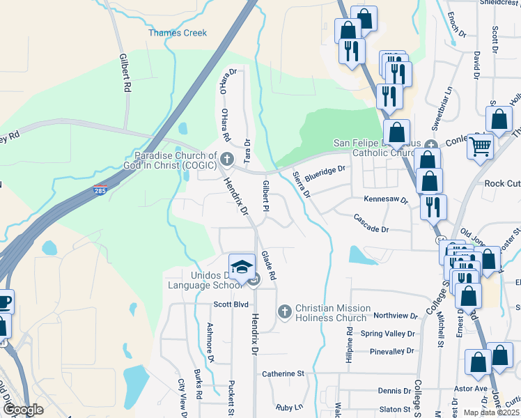 map of restaurants, bars, coffee shops, grocery stores, and more near 4309 Gilbert Place in Forest Park