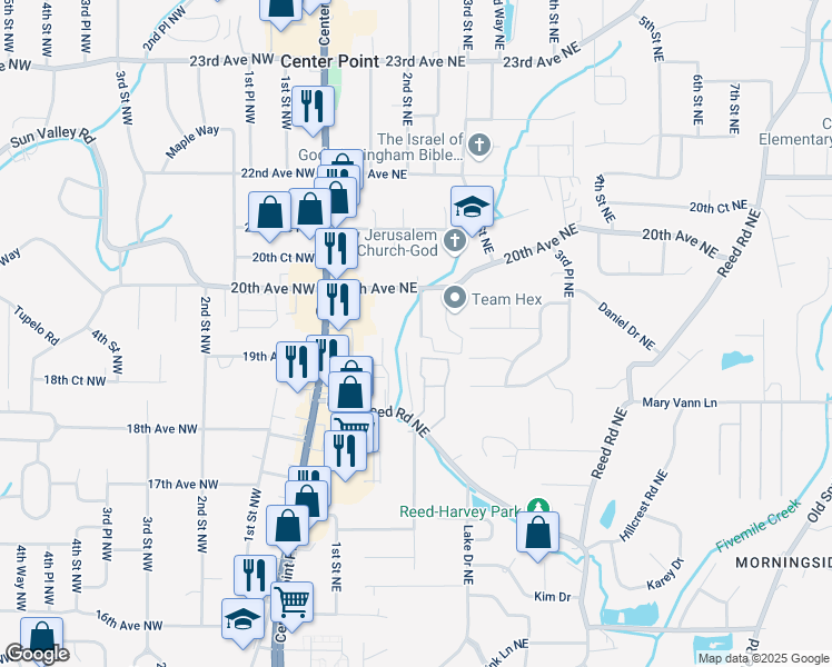 map of restaurants, bars, coffee shops, grocery stores, and more near 1940 2nd Street Northeast in Center Point
