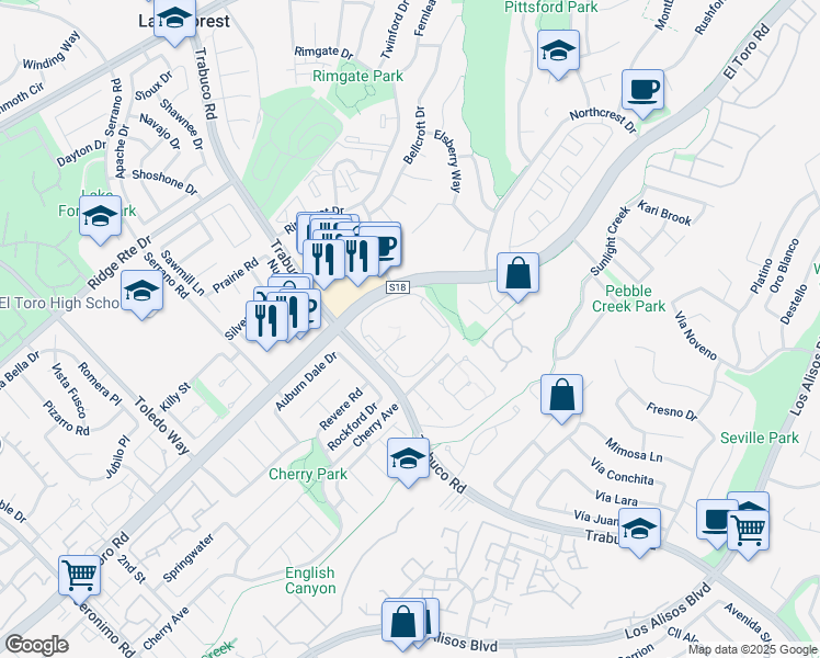 map of restaurants, bars, coffee shops, grocery stores, and more near 99 Trabuco Road in Lake Forest