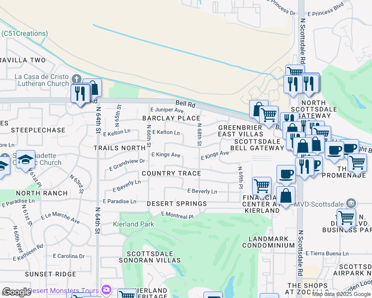 map of restaurants, bars, coffee shops, grocery stores, and more near 6728 East Aire Libre Lane in Scottsdale