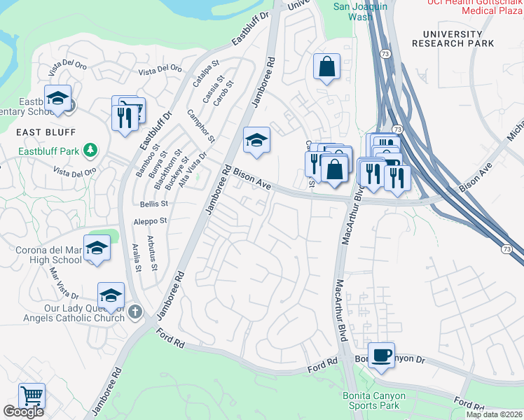 map of restaurants, bars, coffee shops, grocery stores, and more near 105 Hartford Drive in Newport Beach