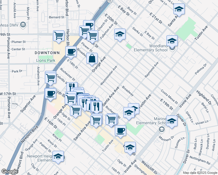 map of restaurants, bars, coffee shops, grocery stores, and more near 273 Magnolia Street in Costa Mesa