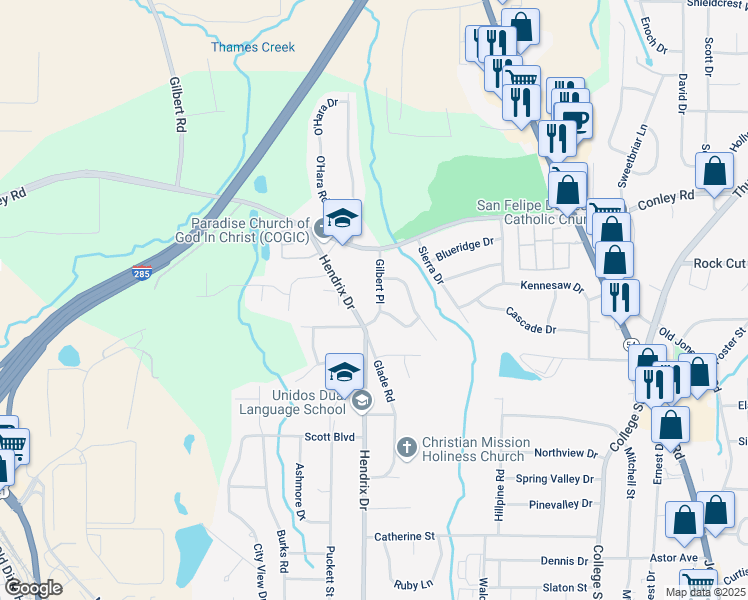 map of restaurants, bars, coffee shops, grocery stores, and more near 4309 Gilbert Place in Forest Park