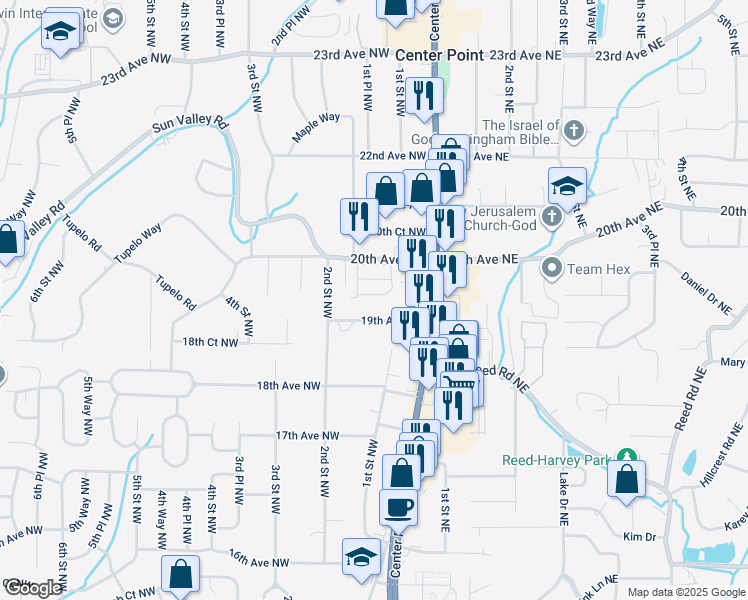 map of restaurants, bars, coffee shops, grocery stores, and more near 145 Sterling Circle Northwest in Center Point