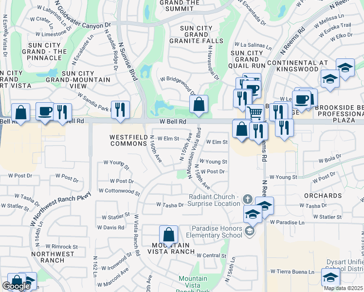 map of restaurants, bars, coffee shops, grocery stores, and more near 15908 West Lundberg Street in Surprise