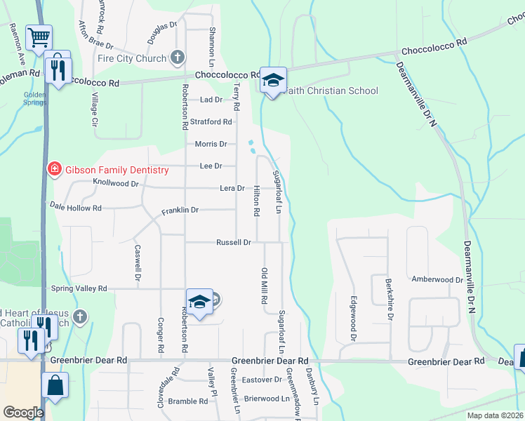 map of restaurants, bars, coffee shops, grocery stores, and more near 805 Hilton Road in Anniston