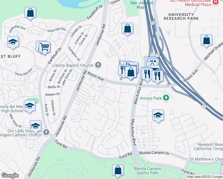 map of restaurants, bars, coffee shops, grocery stores, and more near 25 Hillsdale Drive in Newport Beach