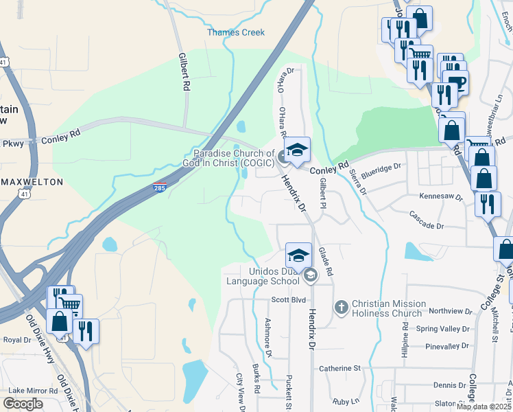 map of restaurants, bars, coffee shops, grocery stores, and more near 484 Evergreen Drive in Forest Park