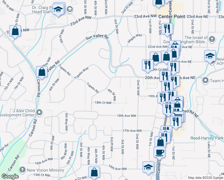 map of restaurants, bars, coffee shops, grocery stores, and more near 1821 4th Street Northwest in Center Point