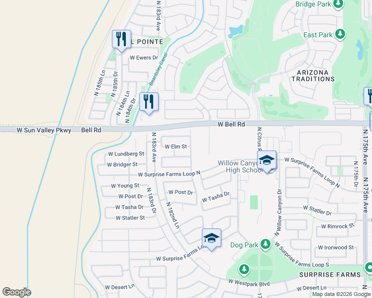 map of restaurants, bars, coffee shops, grocery stores, and more near 18125 West Elm Street in Surprise