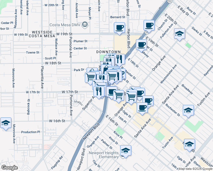 map of restaurants, bars, coffee shops, grocery stores, and more near 1726 Superior Avenue in Costa Mesa
