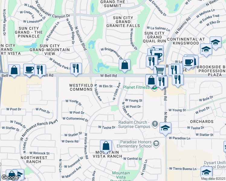 map of restaurants, bars, coffee shops, grocery stores, and more near 15906 West Elm Street in Surprise