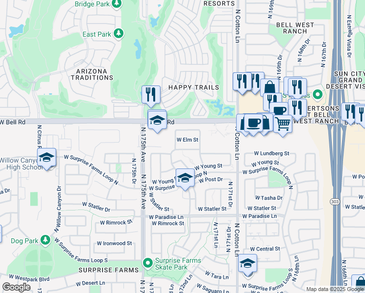map of restaurants, bars, coffee shops, grocery stores, and more near 17262 West Lundberg Street in Surprise