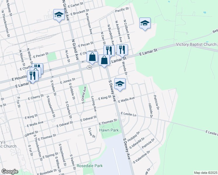 map of restaurants, bars, coffee shops, grocery stores, and more near 415 South Dewey Avenue in Sherman